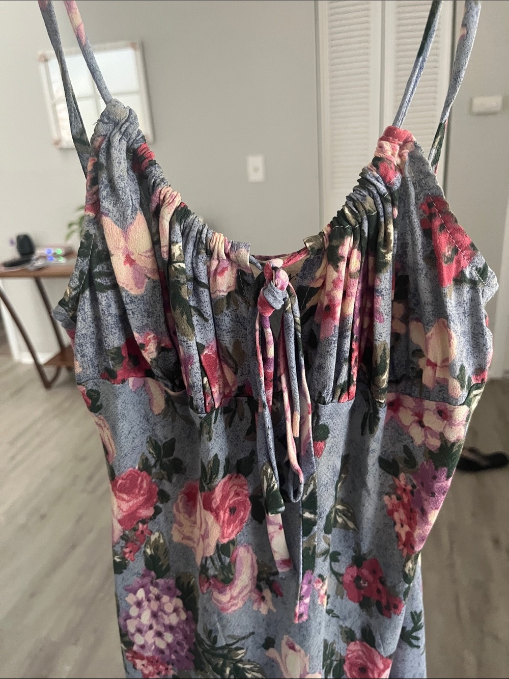 Audrey 3+1 Blue Floral Tie-Front Dress with Pink and Green Accents